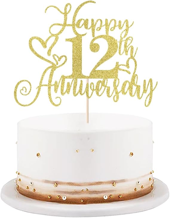 Gold Glitter Happy 12th Anniversary Cake Toppers-Wedding Anniversary Party