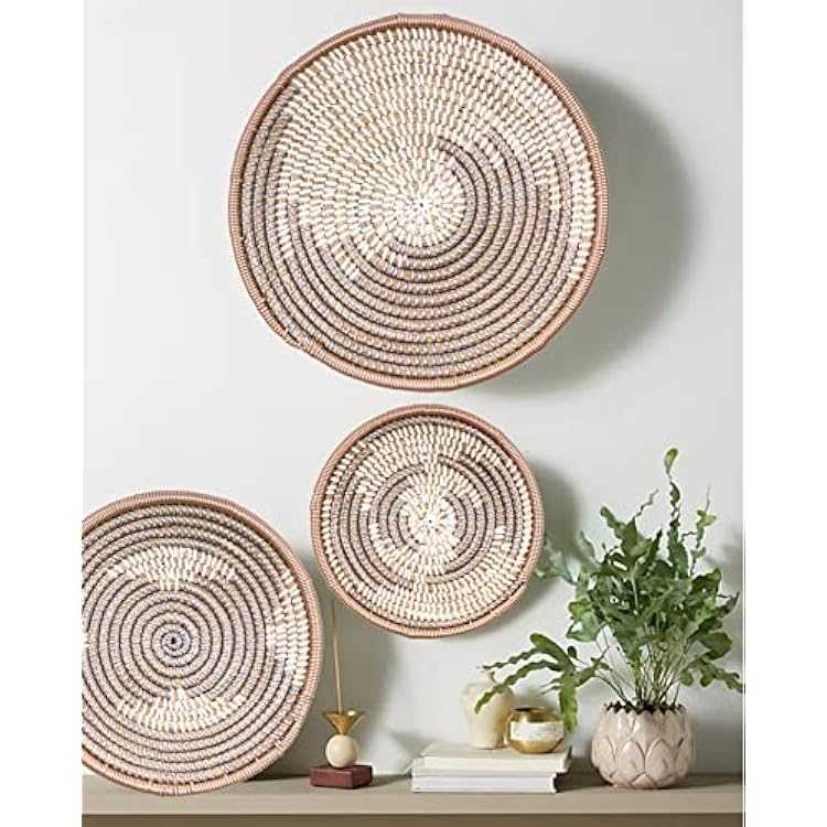 Bohome Round Seagrass Hanging Woven Wall Basket Decor - Boho Wall Art Set of 3 - 10-14 - Silver, White & Tan - Bedroom, Living Room, Dining Kitchen