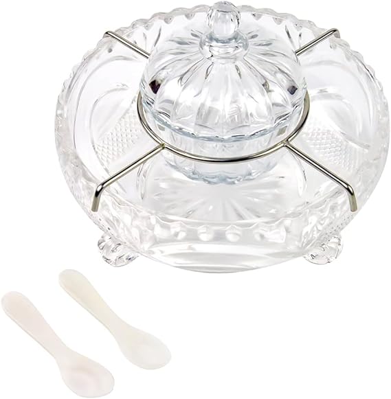 DUEBEL Glass Caviar Dish, 1 Pumpkin-Shape Glass Divided Serving Set Plus 2 pcs. x Mother of Pearl Spoon Caviar Chiller, Shrimp Serving Dish for Kitchen, Bar, Restaurant, Catering Events