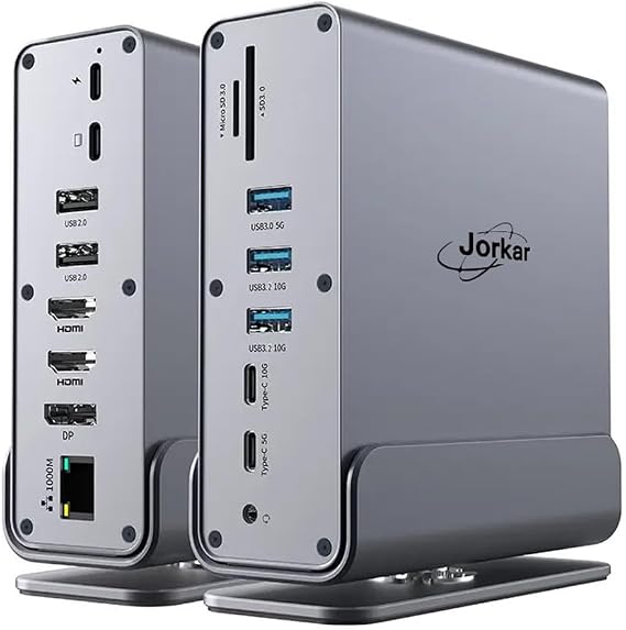 Vertical Laptop Docking Station 3 Monitors, 15-in-1 USB C Dock Station Hub Triple Display with 2X 4K HDMI & 1x DP, 10Gbps USB-C and USB-A 3.2 Data, 100W PD Charging+Ethernet+SD/TF+Audio