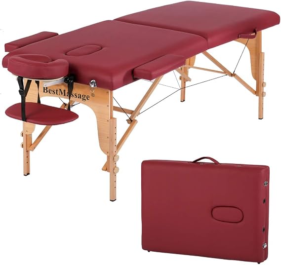 Massage Table, Massage Bed, Spa Bed, PU Portable, 84 Inch Bi-Fold Adjustable Height Massage Table Bed with Carrying Case, Facial Cradle, Salon, Tattoo Bed