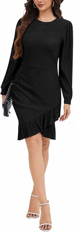 Women's Crewneck Casual Long Sleeve Sweater Dress Ruched Wrap Work Wedding Split Mini Dresses
