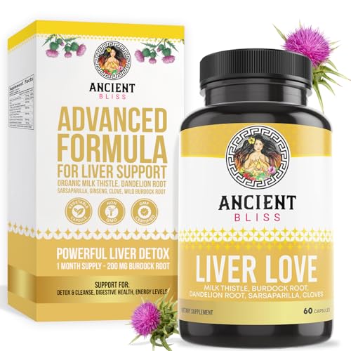 Ancient Bliss Liver Love - Natural Milk Thistle Liver Detox and Liver Health Cleanse Supplement - Support Healthy Liver in Men and Women - 60 Capsules - with Burdock, Dandelion, Cloves, and More