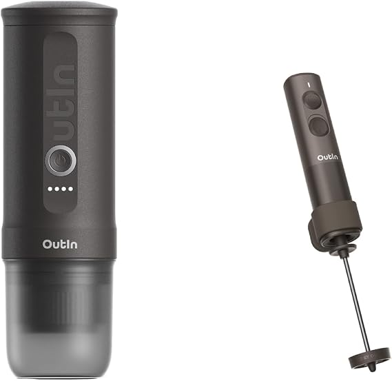 OutIn Nano Portable Electric Espresso Machine with LattoGo Milk Frother Handheld, Space Gray & Tundra Brown