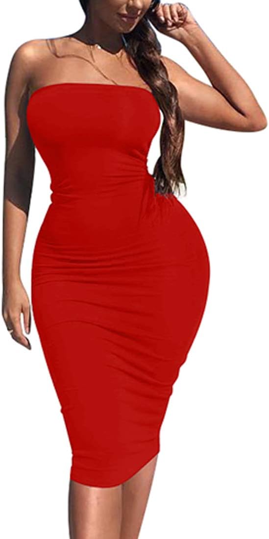 Kaximil Women's Sexy Bodycon Strapless Midi Club Tube Dress Basic Casual Dresses