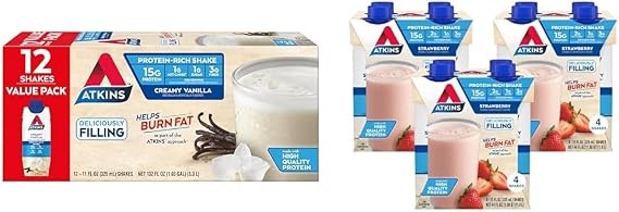 Atkins Creamy Vanilla Protein Shake, 15g Protein, Low Glycemic, 2g Net Carb, 1g Sugar, Keto Friendly & Strawberry Protein Shake, 15g Protein, Low Glycemic, 2g Net Carb, 1g Sugar, 12ct