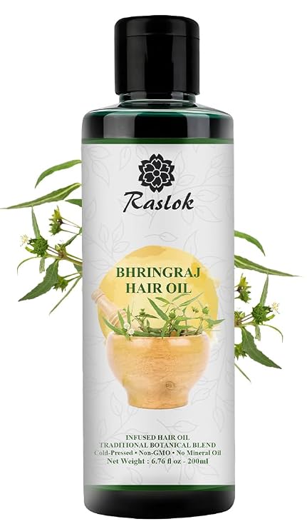 Raslok Bhringraj Hair Oil 6.76 fl oz 200ml | Ayurvedic Botanical Blend with Amla, Neem, Hibiscus & Brahmi | Cold-Pressed | Non-GMO | No Mineral Oil | Made in India