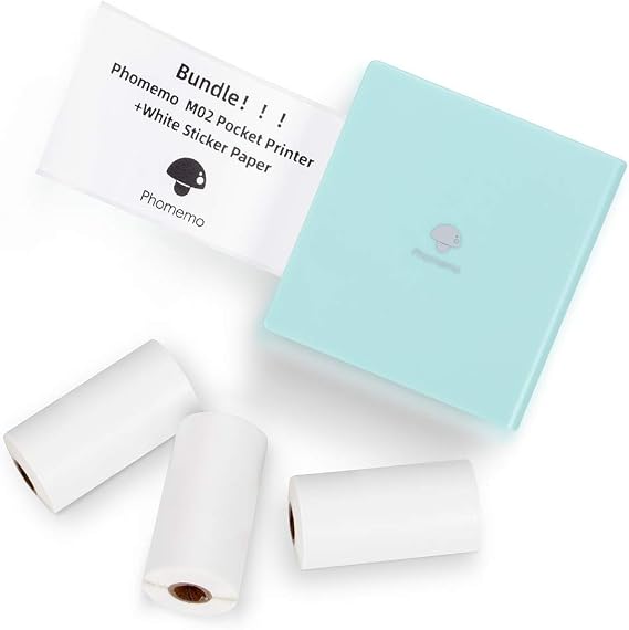 Phomemo M02 Mini Sticker Printer - Bluetooth Thermal Printer with 3 Rolls White Sticker Paper, Compatible with iOS + Android for Learning Assistance, Study Notes, Journal, Fun, Work