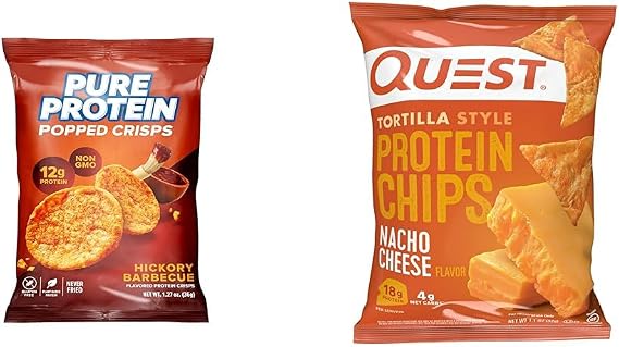 Pure Protein 12G Protein Hickory BBQ Popped Crisps 12 Count & Quest Nacho Cheese Protein Chips 18G Protein 12 Count