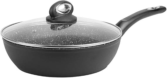 Sitram 711708 Saute Pan Granite Diameter 24 cm Forged Aluminium Non-Stick Coating PFOA ? Stone Look ? Glass Lid ? Suitable for All Heat Sources Including Induction