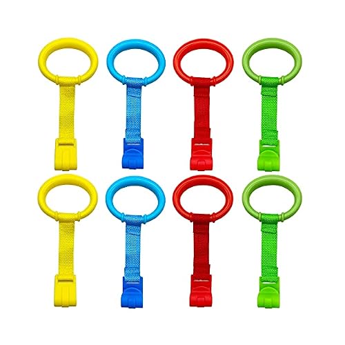 codree 8PCS 4 Colors Baby Playpen Pull up Rings- Baby Crib Pull up Rings- Baby Walking Exercises Assistant Rings- Baby Bed Stand Up Rings Baby Cot Hanging Rings for Infant Baby Toddler