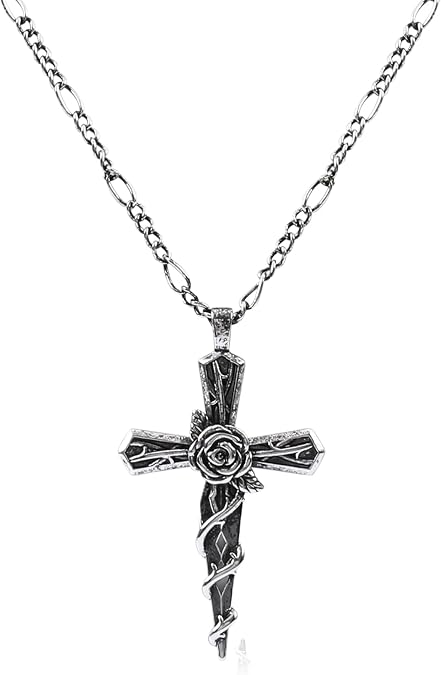 Vintage Cross Pendant Necklace for Men Women Gothic Cross Necklace with Rose Flower 14K White Gold Plated Punk Silver and Black Dagger Sword Cross Necklace Adjustable Christmas Religious Jewelry Gift