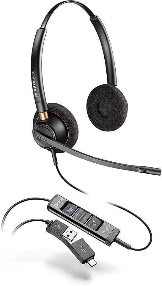 Poly - EncorePro 525-M USB-A and USB-C USB Headset (Plantronics) - Optimized for Teams - Acoustic Hearing Protection - Hold & Call Answer Buttons - Dual Ear Wearing Style,Black