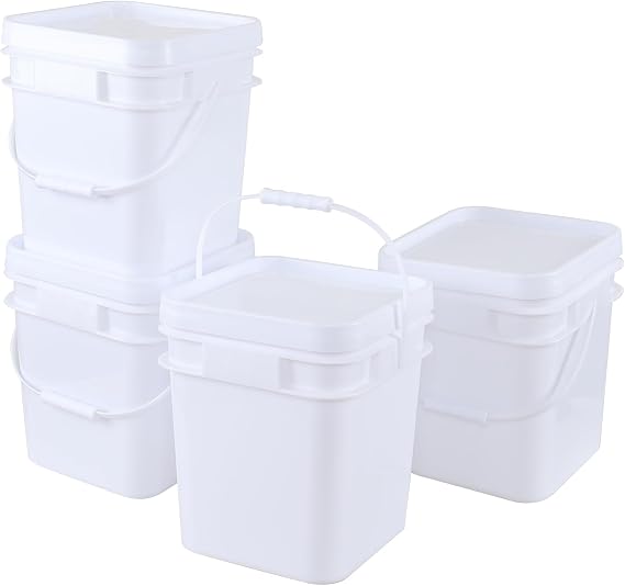 3-Gallon Food-Grade Plastic Bucket with Airtight Lid, 4 Pack | White Bucket Pails, BPA Free, Easy-Stack, Grip Handles for Easy Carrying, Great for Food Storage, Brining, Cleanup
