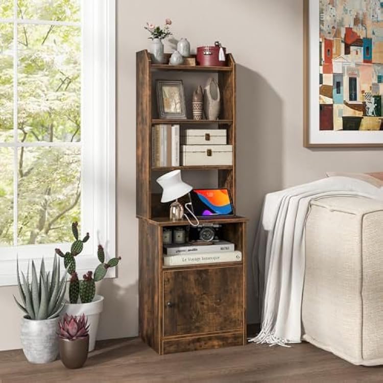 GOFLAME 56 Tall Nightstand with Charging Station, Bedside Table with Adjustable Open Shelves, Storage Cabinet, End Table with Bookcase for Bedroom, Study, Rustic Brown