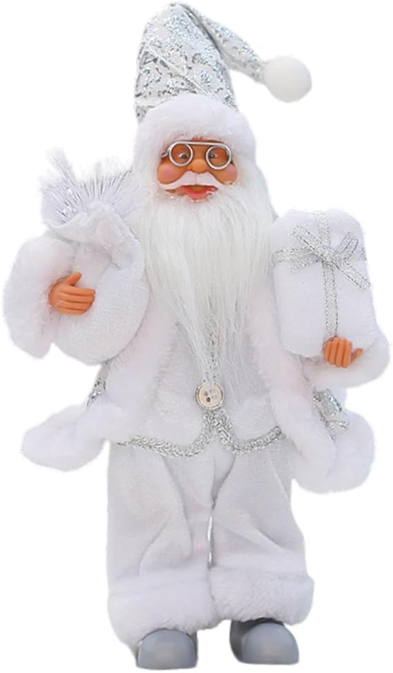Christmas Standing Santa 12inch Collection Traditional Xmas Ornament Santa Doll Cute for Xmas Room Home Holiday Party, White
