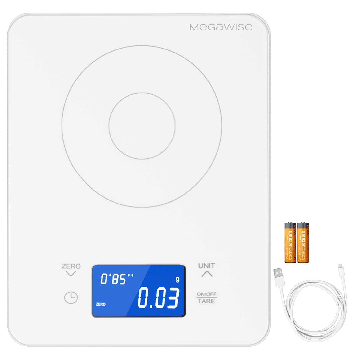 MEGAWISE High Precision Coffee Scale with Timer, Dual Power Supply, Waterproof Tempered Glass, 5 Weighing Modes, Professional Coffee Brewing Timer