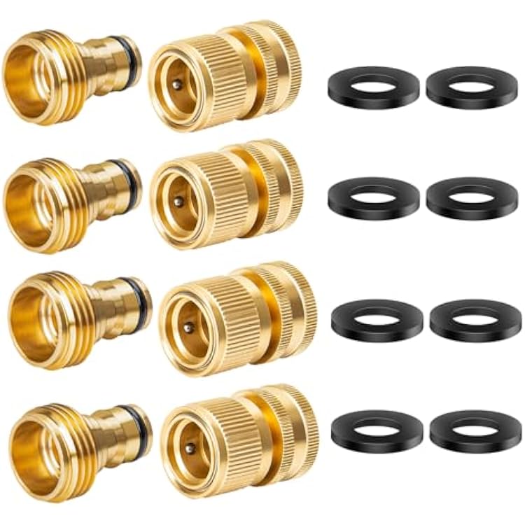 Garden Hose Quick Connect, Brass Hose Quick Connect fittinging, 34 Inch Heavy Duty Hose Connector, Leak-Proof, Easy to Install, Compatible with Standard Garden Hoses 4 Pack