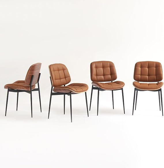 GrandNoor Mid Century Modern Dining Chairs with Walnut Grain Back, Brown Faux Leather Dining Room Chairs Set of 4, Checkered Soft Cushion Kitchen Chairs with Adjustable Foot Pads