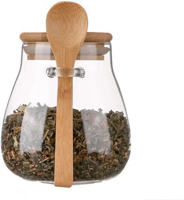 Airtight Glass Jar Storage Container with Lid and Spoon 12 Oz Glass Food Storage Canisters Decorative Kitchen Canisters Organization Jar for Coffee Bean Tea Sugar Noodles Candy Bath Salt