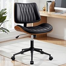 Ergonomic Armless Office Desk Chair - Mid-Century Modern Black Faux Leather with Diamond Stitch, Adjustable Height Swivel Rolling Task Computer Chair with Walnut Accent for Home Office, Study & Work