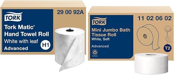 Tork Matic Hand Towel Roll, White With Gray Leaf, H1, 100" Recycled Fiber, 2-Ply, 6 Rolls x 525 ft - 290092A & Mini Jumbo Bath Tissue Roll - Toilet Paper Towels, 12 rolls x 1075, 2-Ply Sheets, White