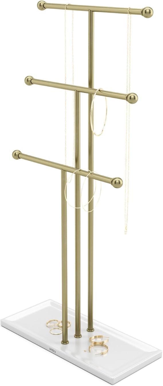 Umbra Trigem Jewelry Stand, Tiered Necklace Holder, Steel, White/Brass | Multi level design, tangle free solution, doubles as accessory tray, padded scratch protection, 19 inches tall