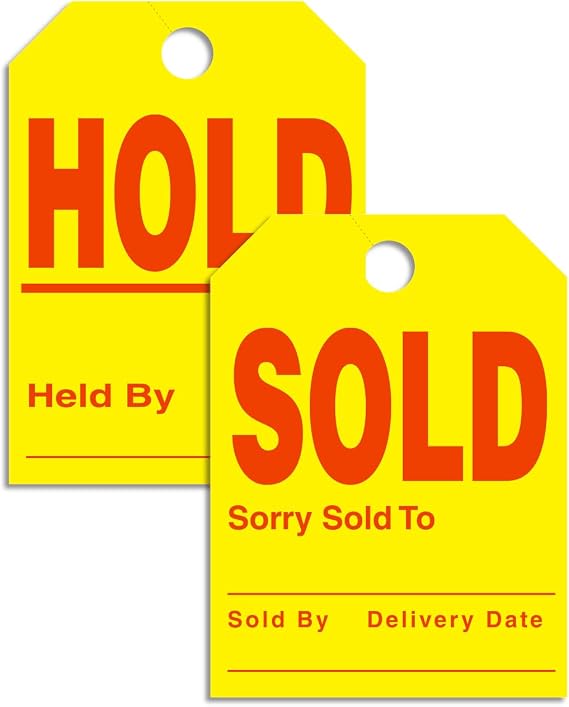 Sold Hold Car Mirror Hang Tags - Yellow Car Signs - 50 Per Pack