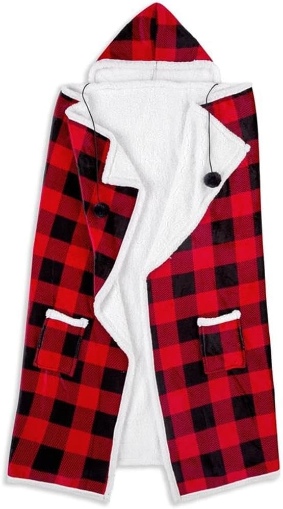 Premium Wearable Hooded Blanket for Adult Women and Men 71"x51" - Super Soft, Lightweight, Microplush, Cozy and Functional Throw Blanket (Buffalo Plaid Red & Black)