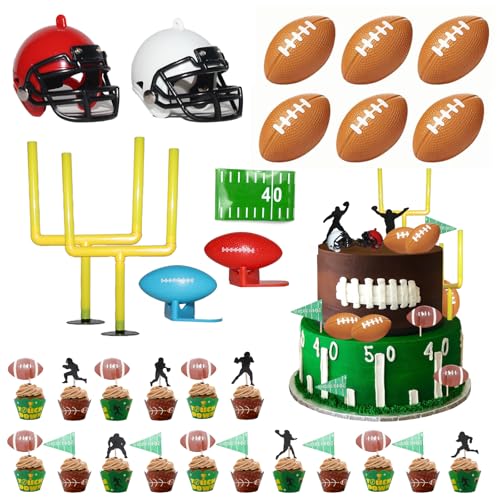 BiBo Football Cake Topper Decorations, 36 PCS Football Themed Cupcake Toppers Include Field Goal PostMini Helmet and Rugby BallToothpicks for Football Birthday Party Supplies.