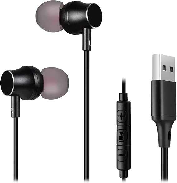 USB Earbuds for Computer, in-Ear Headphones with Microphone & 1.8M Long Cord, USB-A Headset Compatible with Laptop, Desktop PC, Notebook, Chromebook, CGS-W1B [Microphone Upgraded] | USB-A Headphones with Mic, Compatible with Laptop, Desktop & Notebook, Chromebook, Replacement for Bulky Computer Headset