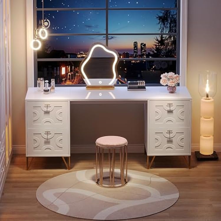 Tribesigns 59-Inch Makeup Vanity Desk with 4 Drawers, White Dressing Table with Storage, Modern Beauty Table Simple Home Office Computer Desk with Gold Legs for Bedroom Without Mirror