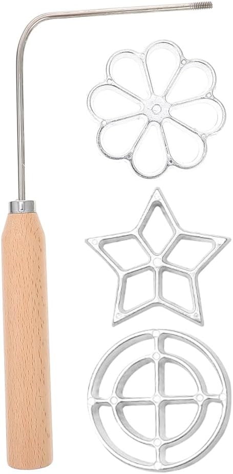 DOITOOL Bunuelos Mold with Handle, Rosette Iron Waffle Molds, Rosette Timbale Iron Set with 3 Interchangeable Heads Star Flower Circle, Lotus Bunuelos Cookie Press Mould for Kitchen Baking Cooking