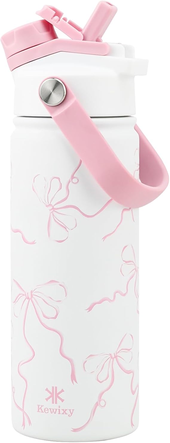 KEWIXY Pink Bow Water Bottle 500 ml/18 oz, 2-in-1 Lid, Stainless Steel Water Bottle with Straw for Women Girls, Ideal Birthday and Back to School Gift (Breeze Pink Bow1)