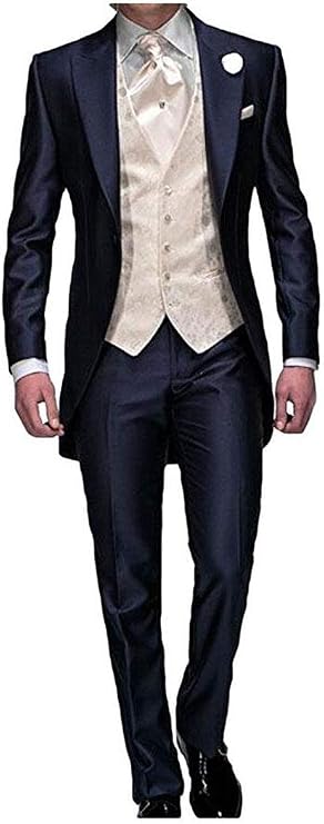 Men's Navy Blue Groom Tuxedos 3 Pieces Tailcoat Wedding Suits Long Men Suit