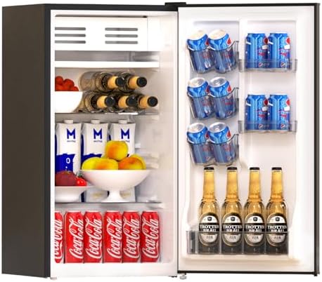Frestec 3.2 Cu. Ft. Mini Fridge with Freezer, Small Refrigerator, Single Door, Energy Saving, Low Noise, Office or Bedroom Stainless Steel