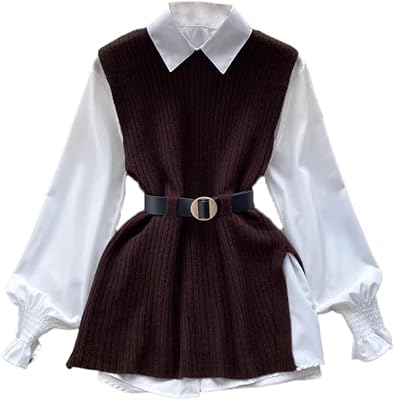 LIXINGHEITANG Ladies Dress Set Womens Loose Long-sleeved White Shirt Top Knitted Vest Two-