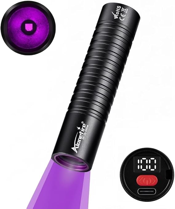 ALONEFIRE SV125 Mini 365nm UV Flashlight USB C Rechargeable Digital Display Woods Lamp Money Detector Black Light for Pet Urine Detection, Scorpion, Fishing, Minerals, Rocks with Battery