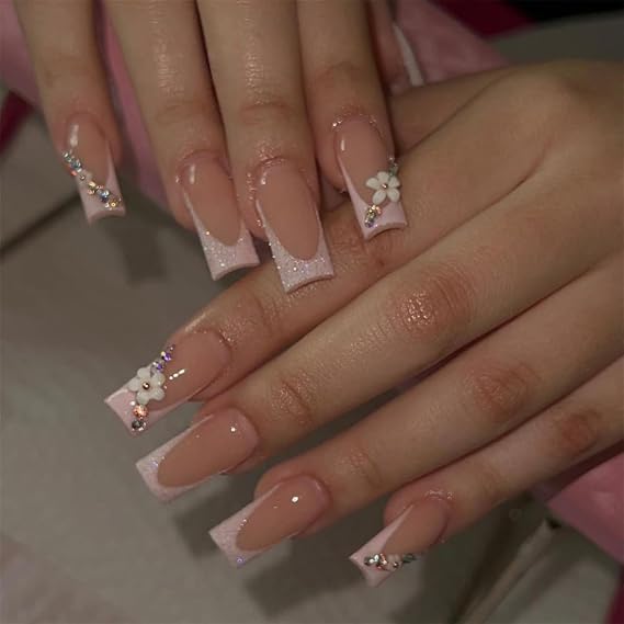 Press on Nails Medium Long Square French Glitter Fake Glue on Nails with 3D Flower Rhinestones Design for Women Girls Full Cover Acrylic False Stick on Nail for Daily Wear Wedding 24Pcs