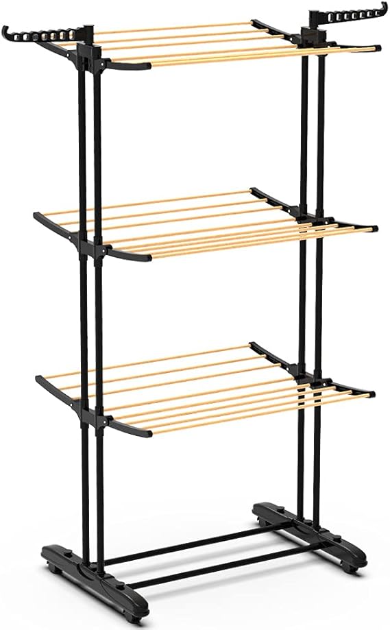VOUNOT Airer Clothes Drying Rack, 3-Tier Foldable Clothes Hanger Adjustable Large Stainless Steel Garment Laundry Racks for Indoor Outdoor, Wood Look