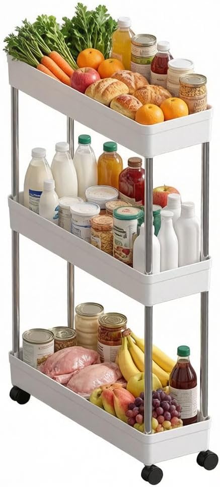 3-Tier Narrow Slim Storage Trolley Cart Slide-out Rolling Utility Mobile Shelving Space Organizer Shelf Rack Storage Cart on Wheels for Kitchen Bathroom Laundry Room Narrow Places (3-Tier, No Armrest)