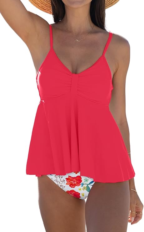 Beachsissi Women's High Waist Swimsuits Ruched Front Ruffled Hem Tankini Set