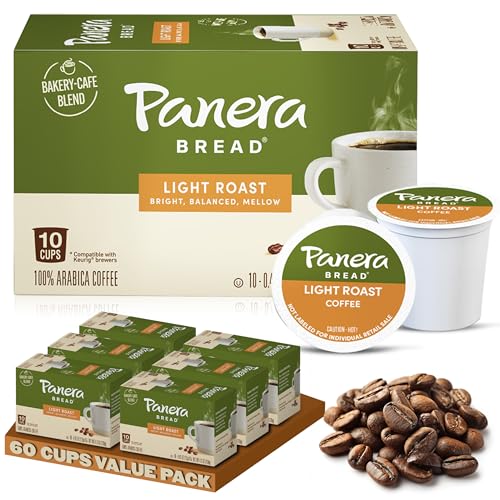 Panera Bread Light Roast Coffee Pods, 100% Arabica Coffee Keurig Compatible Cups, Breakfast Blend Single Serve Pods, Smooth & Balanced, Kosher Certified, 60 Single Serve Pods 6 Packs of 10