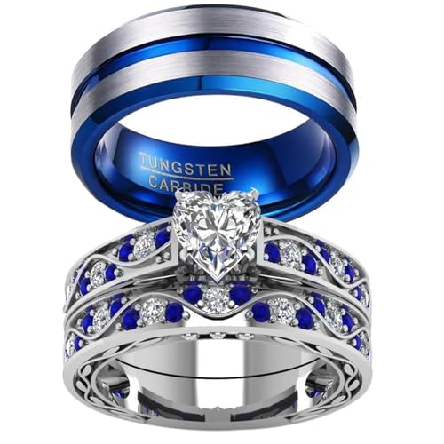 Couple Ring Bridal Sets His Hers Women 10k White Gold Filled Men Tungsten Carbide Wedding Engagement Ring Band