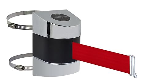 Tensabarrier 897-24-C-1P-NO-R5X-A Wall Mount Unit with Retractable Barrier, Polished Chrome Cap, 24' No Custom Red Webbing Wire Clip Belt