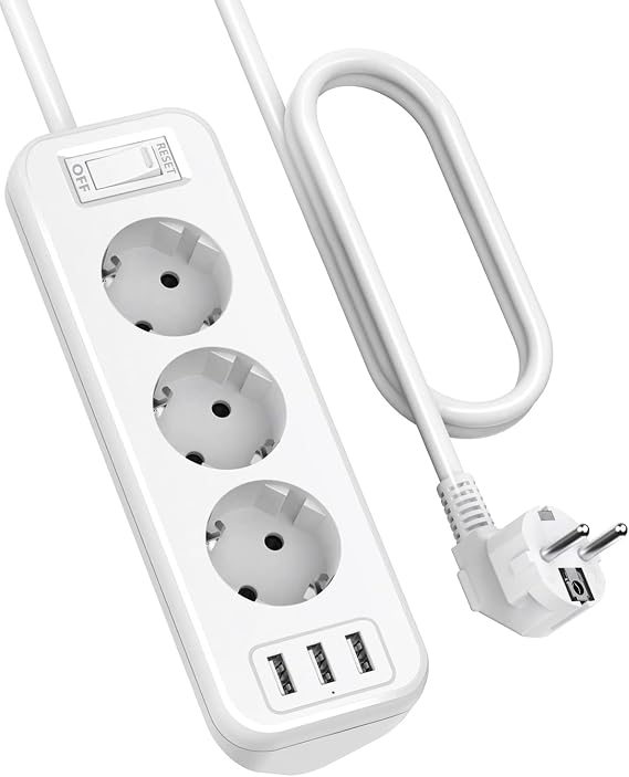 Sudeery 3-Way Power Strip with 3 USB White Multifunctional distribution socket corner socket with switch multiple socket overload protection