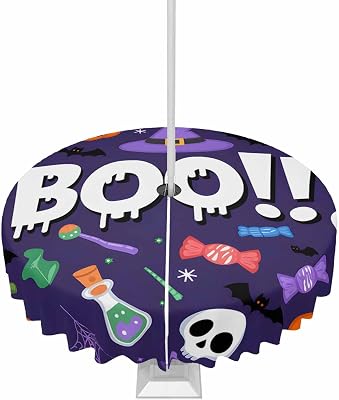 Blue Halloween Outdoor Tablecloth with Umbrella Hole & Zipper, Ghost Bat Candy Horror Skull Wizard Hat Round Table Cover 54 Inch, Dining Waterproof Table Cloth Protector for PatioParty