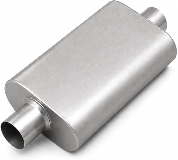 Universal 3" ID Center/Center Dual Chamber Muffler - Aggressive Deep Sound, Silver Aluminized Steel, Welded/Clamp-On (17" Total Length)