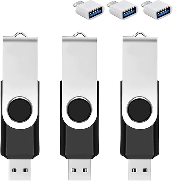 3パック 128GB USBフラッシュドライブ Type Cアダプターと収納ボックス付き USB 2.0 高速メタルペンドライブ 360°回転可能なストレージメモリースティック 携帯電話/パッド/PC/ノートパソコン/Android用 - ブラック 3パック 128GB
