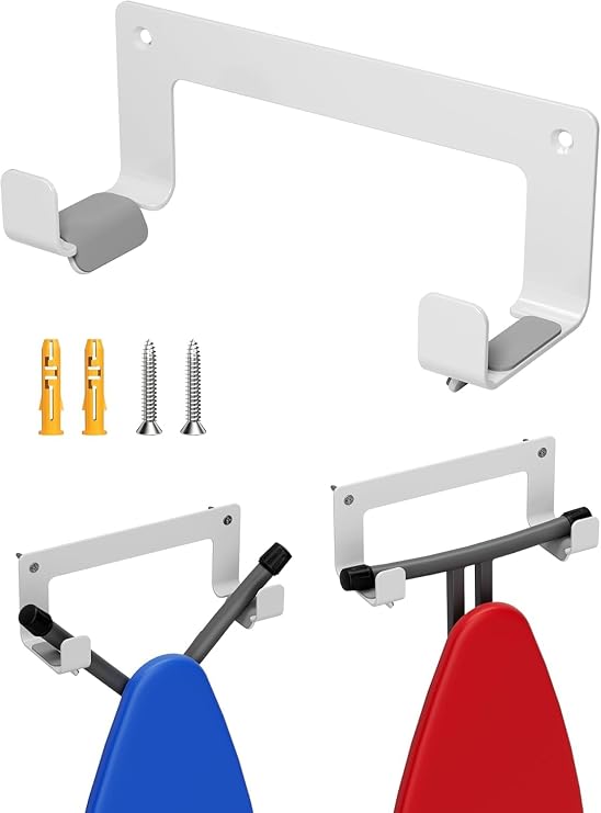 Ironing Board Hanger Wall Mount, Stainless Steel, White